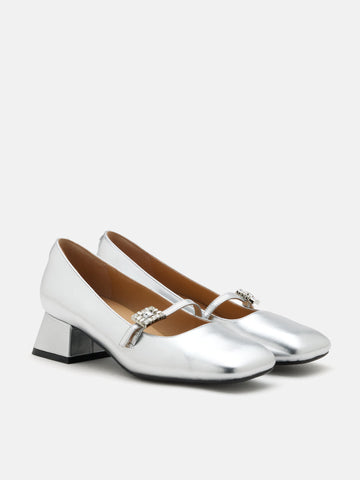 PAZZION, Kamielle Embellished Buckle Mary Jane Heels, Silver